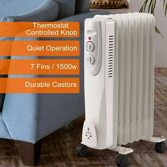 Portable Oil Filled Radiator Space Heater, 1500w, 7-fin, 3 Heat Settings, White