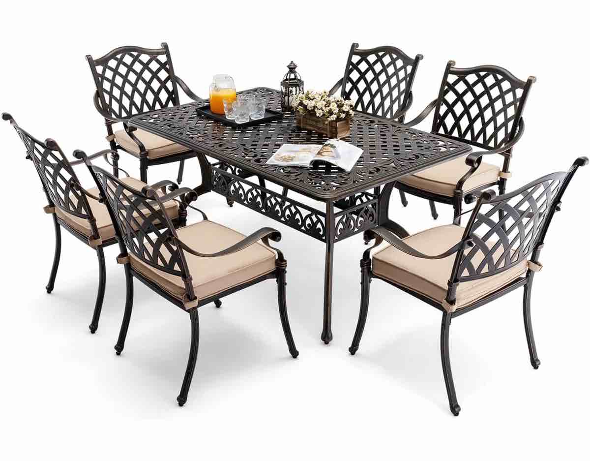 7 Outdoor Dining Set Cast Aluminum Retro Patio Dining Set For 6 Includes 59” Rectangular Table And 6 Chairs With Thicker Cushion And Umbrella Hole For Patio Deck Garden
