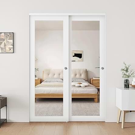 80"H 1 Lite Mirrored Closet Sliding  Door with Hardware Kit \u0026 Handles