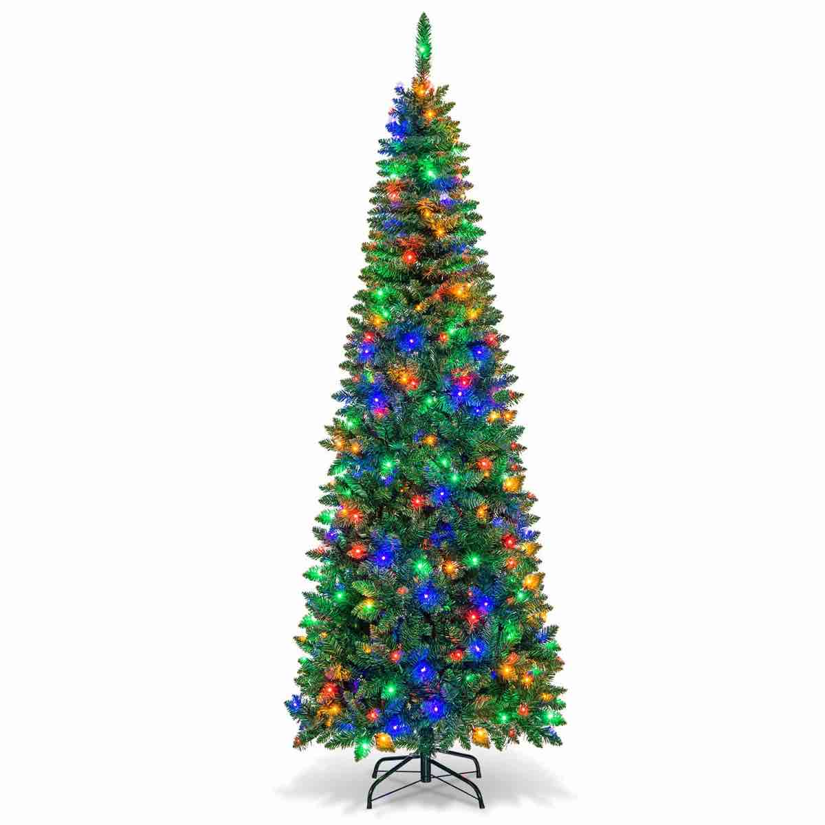 Prelit Pencil Christmas Tree, Premium Hinged Fir Tree, with 250 LED Lights and Solid Metal Stand