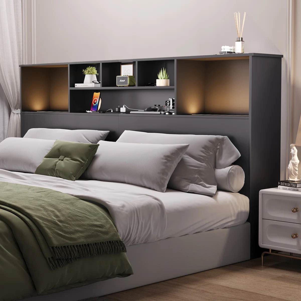 Modern Wooden Bookcase Headboard with Adjustable LED Lights and Charging Station â€“ Available in Queen \u0026 King Sizes