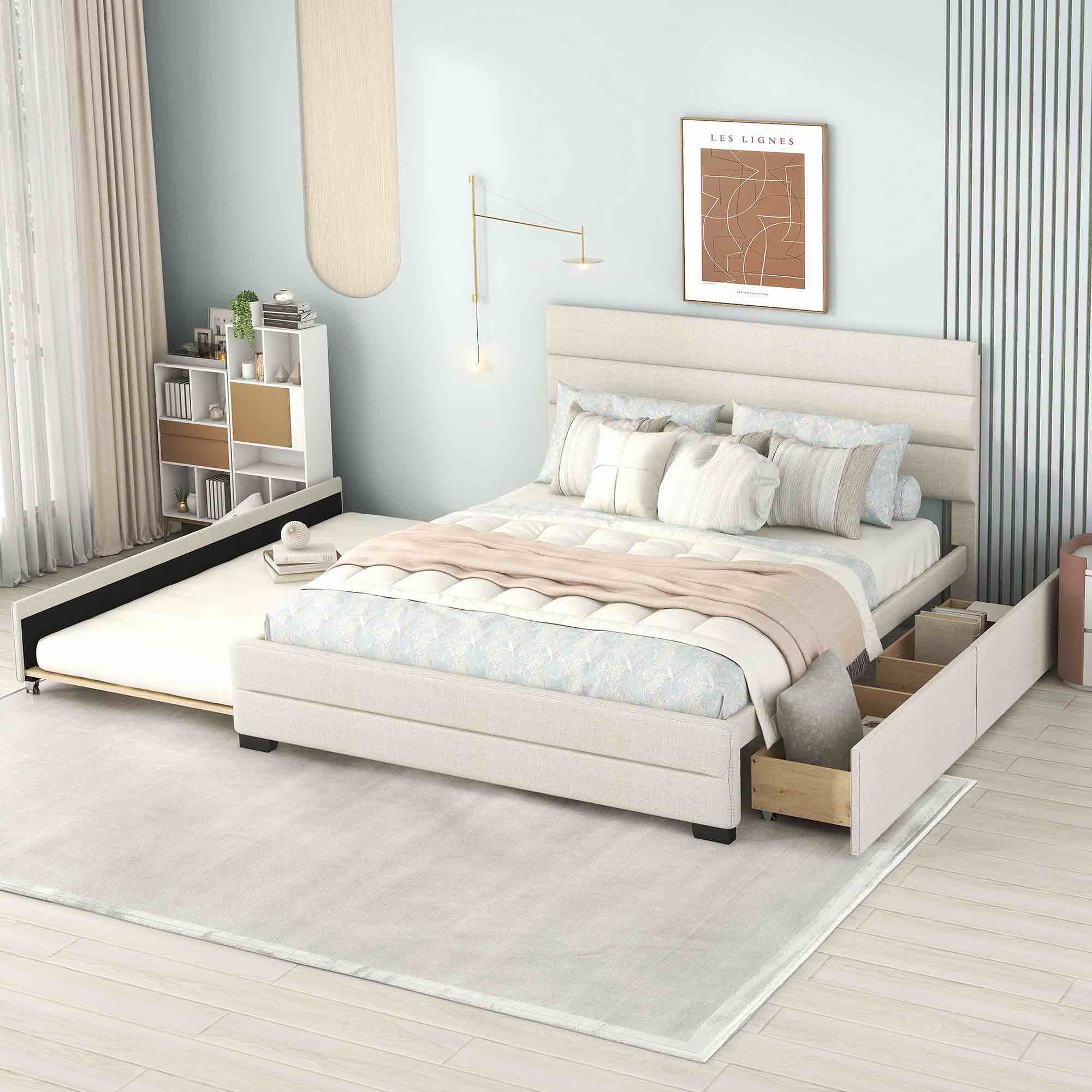 Queen Upholstered Platform Bed w/ Twin Trundle & 2 Drawers, Beige
