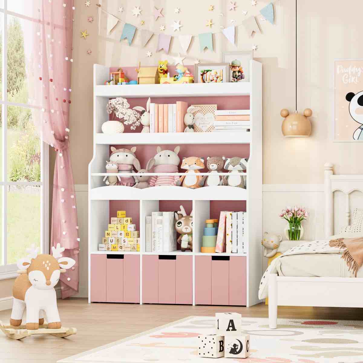 55.3" H Standard Bookcase with Toy Organizer, 39.3" W Modern Toy Storage Bookshelves