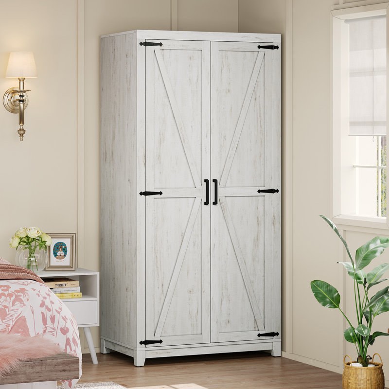 Farmhouse Armoire, Wardrobe Closet Storage Cabinet With Shelf \u0026 Hanging Rod