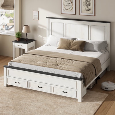 farmhouse bed with three drawers at foot