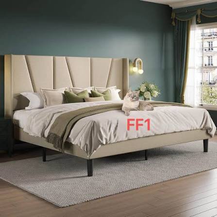 FF1 full-size platform, bed frame with geometric wind back headboard
