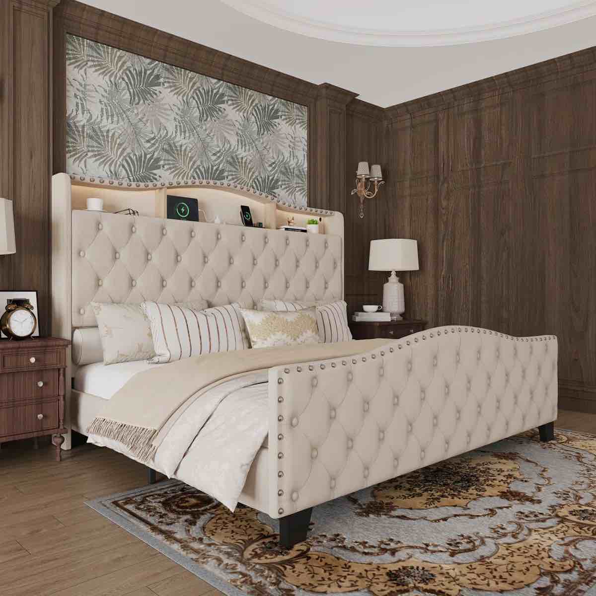 Tufted Velvet Platform Bed Curved Headboard Bed With Light