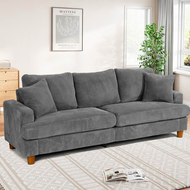 87"Solid Wood Leg Corduroy 3-Person Sofa with 2 Pillows