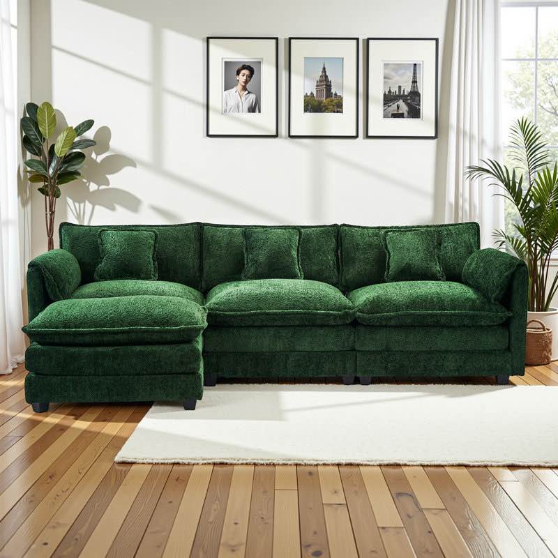 112" Chenille Oversized Cloud Couch - L-Shaped Modular Sleeper with Ottoman & Memory Foam for Living Room - Modern Grey Comfort