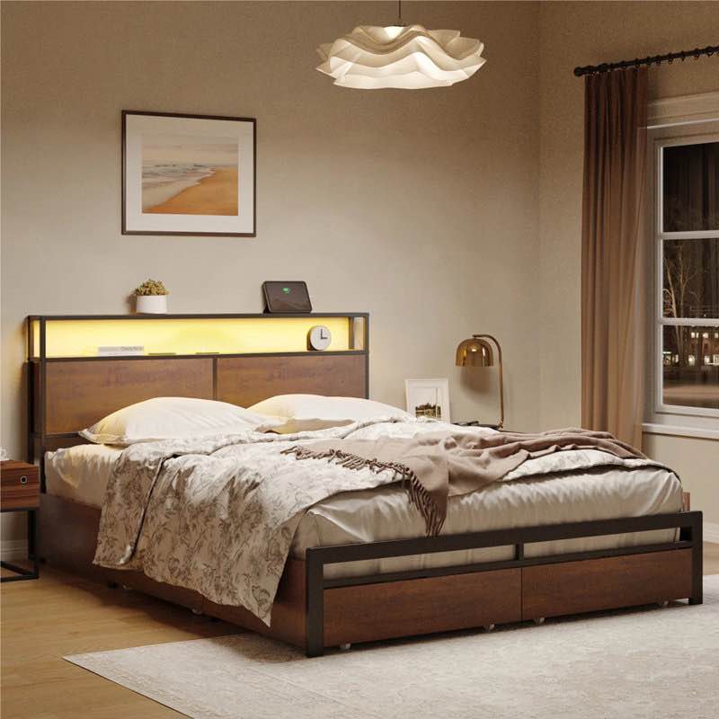 antioch modern king full bed with 4 drawers, adjustable led light and charging station