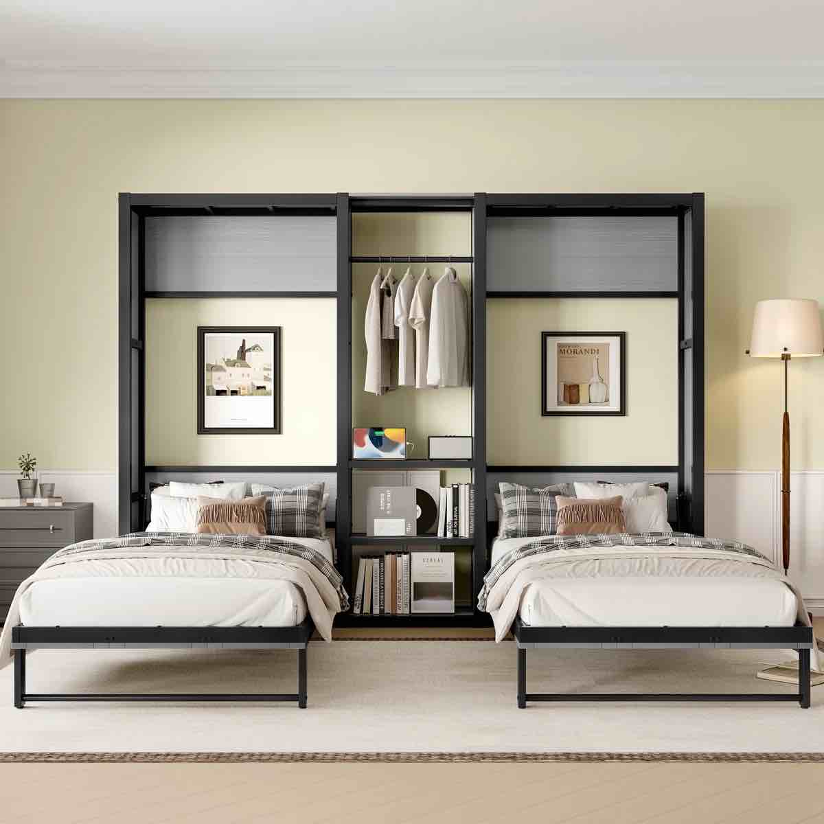 Nestica Dual Twin Murphy Bed Set With Integrated Wardrobe, Shelves, And Power Outlet For Small Bedroom, Guest Room