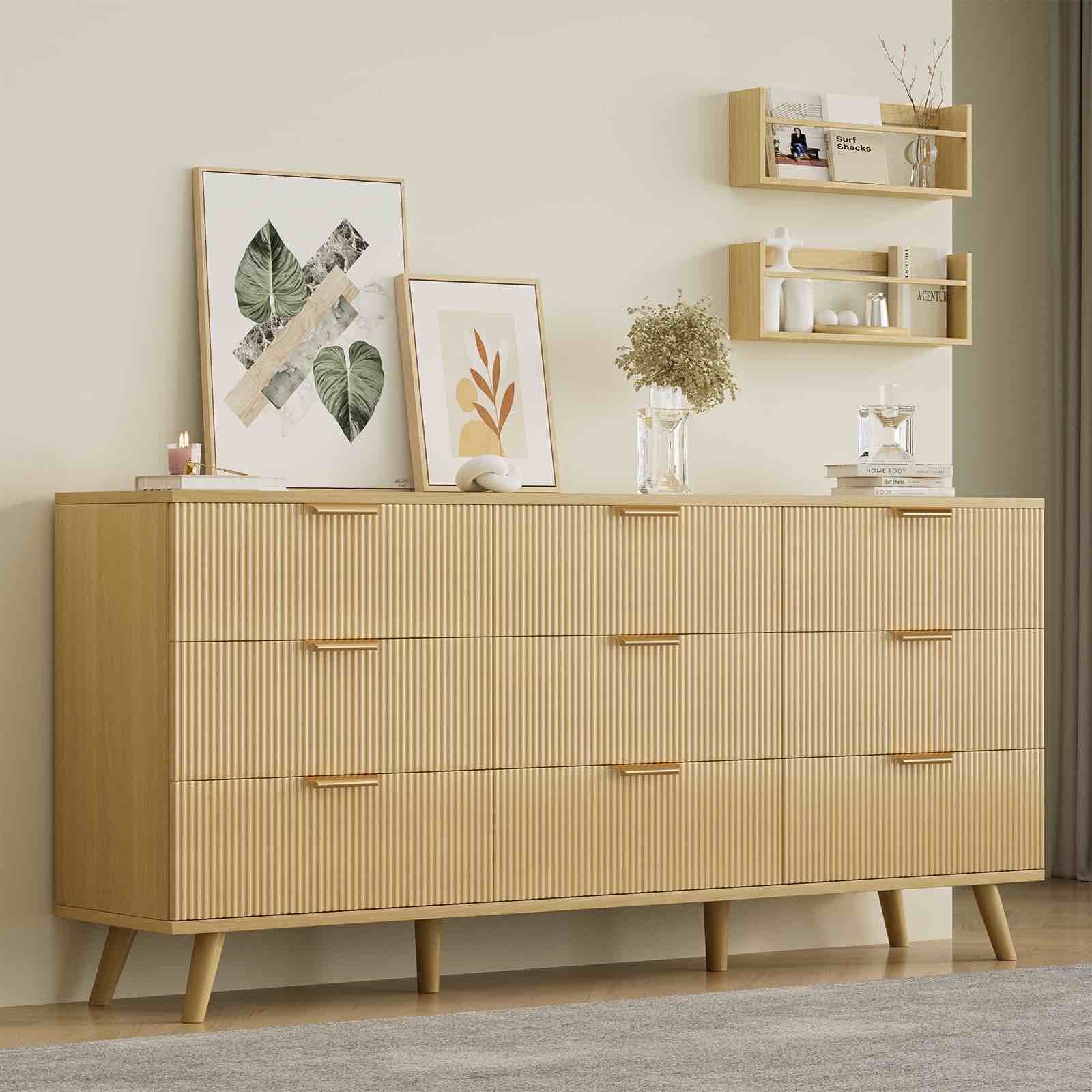 Fluted Dresser For Bedroom With 9 Drawers, 63" Wide Modern Chest Of Drawers With Metal Handle