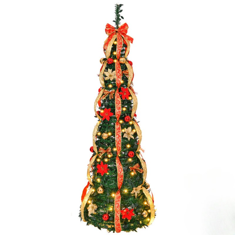 Fully Decorated Pre-Lit Pop Up Artificial Christmas Tree With 150 LED Lights And Red/Golden Ornaments
