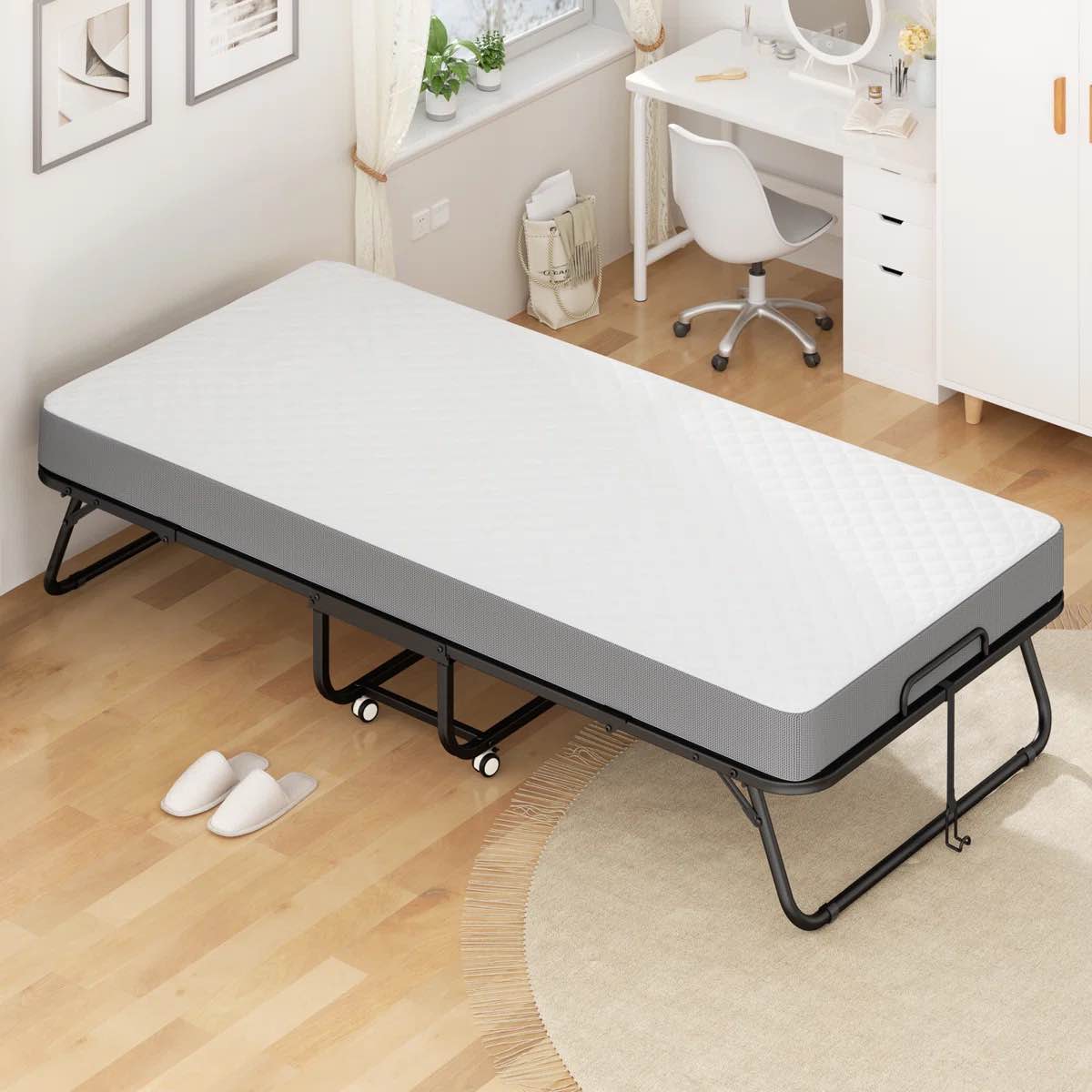 Folding Bed with 5" Memory Foam Mattress, Roll Away Beds with Metal Frame for Adults, Portable Foldable Bed with Wheels and Dustproof Bag