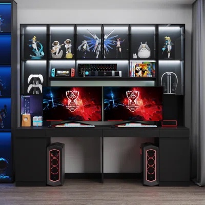 90.6"W Double Workstation Working Desk With Hutch Bookcase Light BOX2