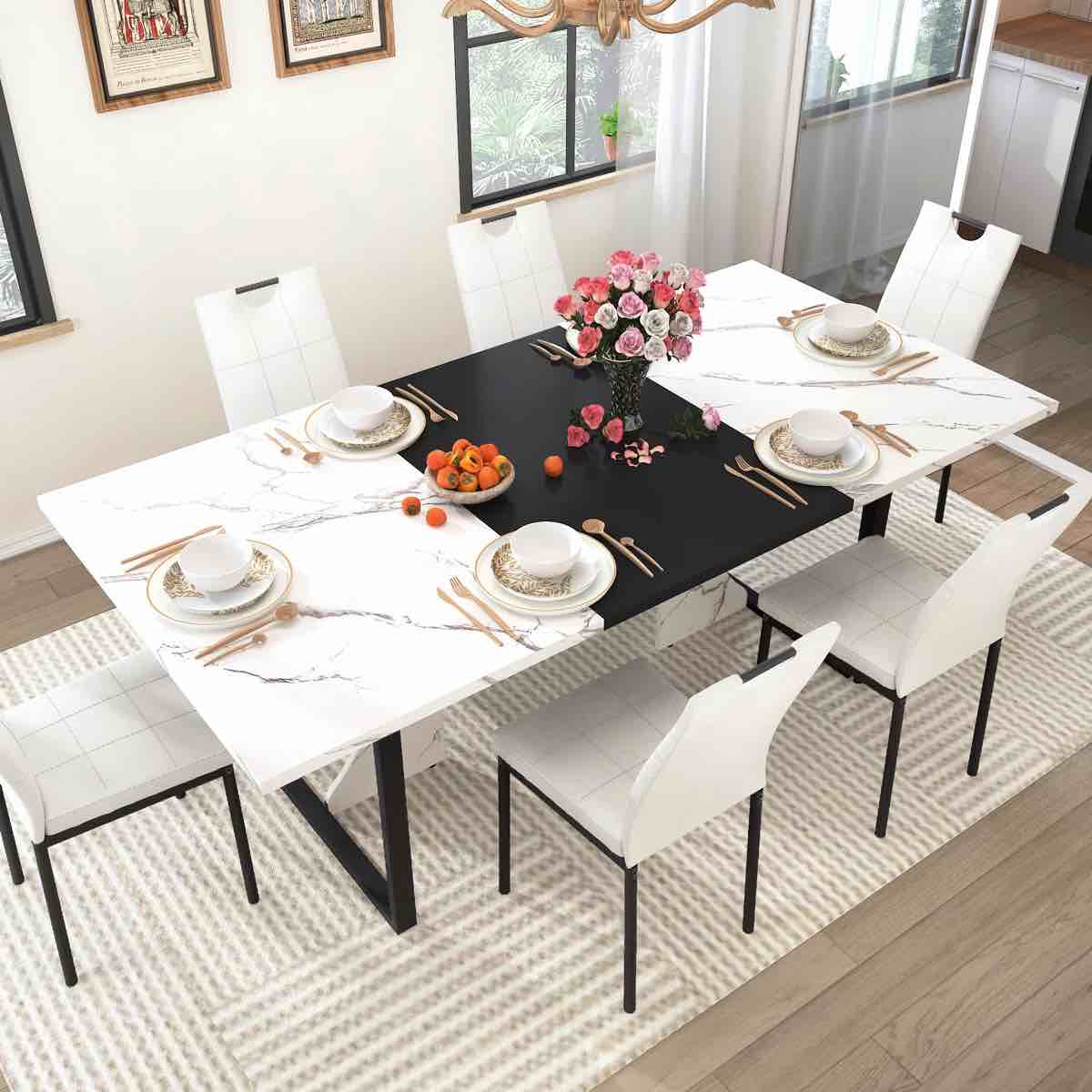 7-Piece Rectangle 71" Dining Table Sets With Adjustable Foot Pads For Dining Room, Restarant, Or Canteen