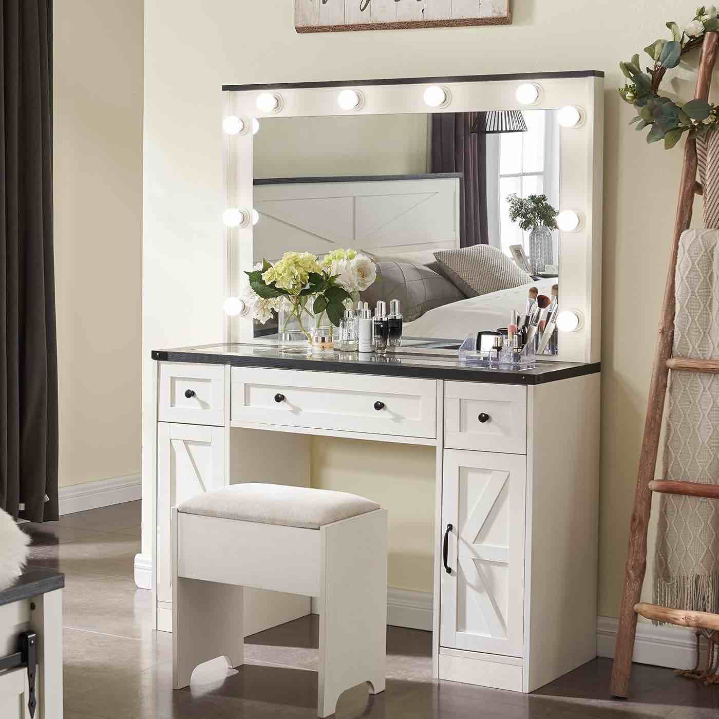 Makeup Vanity Desk with Mirror and Lights, Farmhouse Vanity Dressing Table Set with 3 Drawers & 2 Cabinets, Stool Included, Bedroom, Off White
