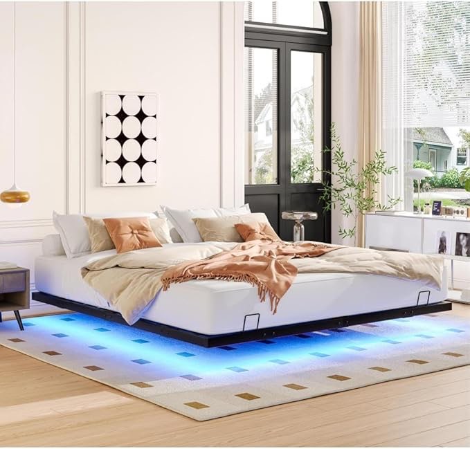 King Size Floating Bed Frames With LED Lights, Metal Platform Bed , Solid And Stable, Noise Free, No Box Spring Needed, Easy Assembly (King) (Bed)