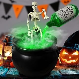 Halloween Cauldron Decorations, 10" Large Witches Cauldron with Magic Floating Potion Bottles and Fog Maker and Skeleton Model, for Holidays Parties Outdoor Decorations
