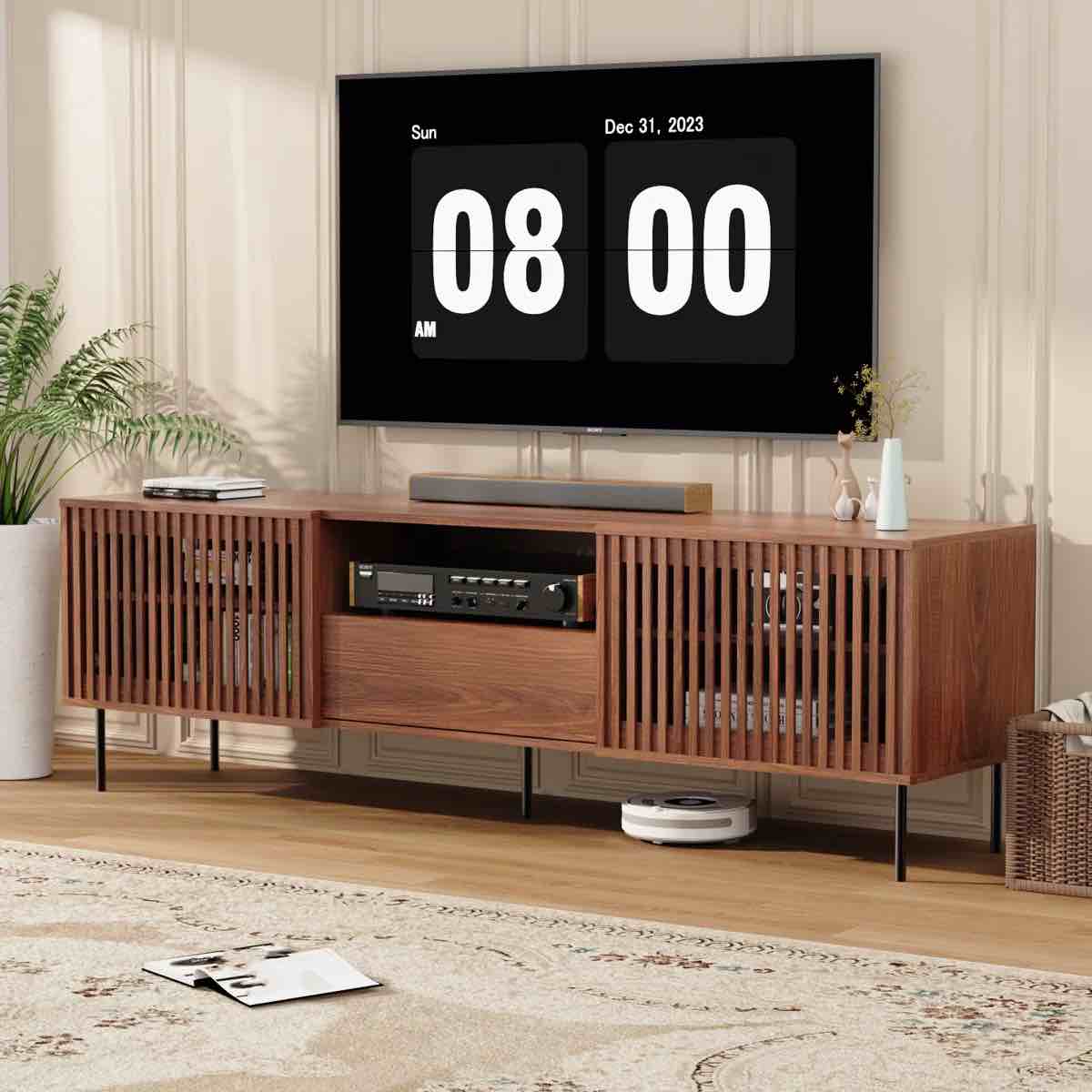 69.3'' W TV Stand Fits TV’S Up To 80 In. With 2 Slat Doors, 5 Shelves And 1 Drawer