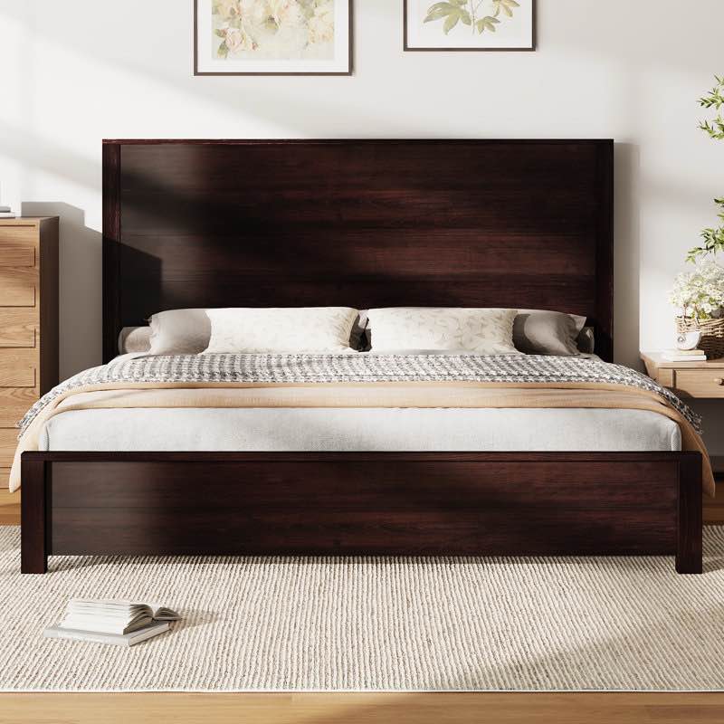 51.2" Solid Wood Bed Frame, Rustic Platform Bed With Spliced Headboard