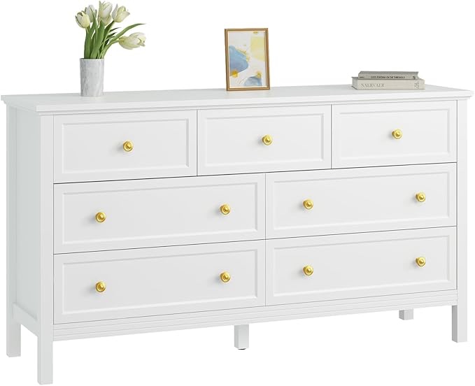 White Dresser for Bedroom, 7 Drawer Dresser with Wide Drawers and Gold Metal Handles, 55" White and Gold Dressers TV Stand, Modern Dressers & Chests of Drawers for Hallyway, Entryway.