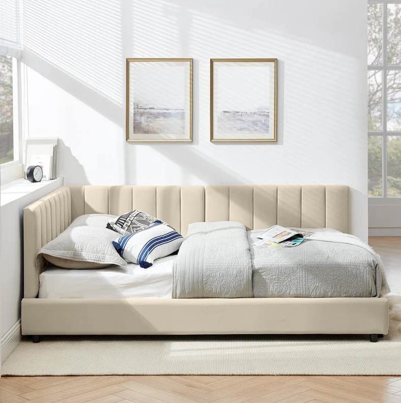 Full Size Upholstered Tufted Bed Frame, Convertible Sofa Bed with Soft Backrest & Armrests, Ideal for Bedroom & Living Room,