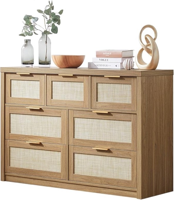 7 Drawers Dresser, Rattan Dresser TV Stand for Bedroom Closet, Wood Chests of Drawers with Metal Handle and Wide Drawers, 47.24" W x 15.43" D x 31.29" H