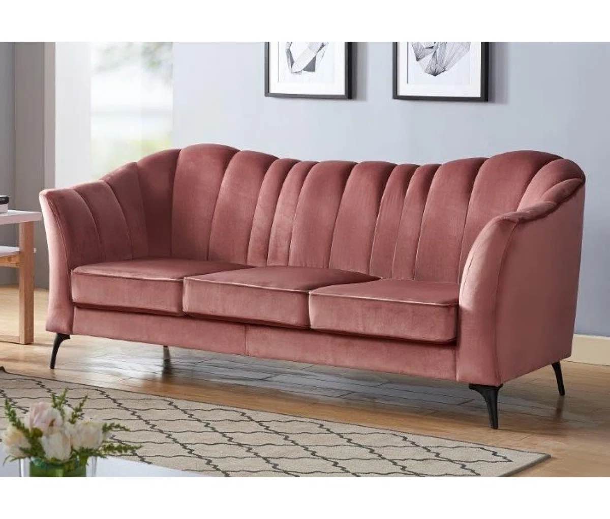 Pink Velvet Flared Arm 3 Seater Sofa