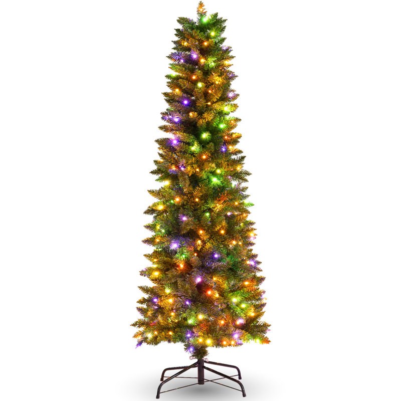6Ft Prelit Pencil Slim Spruce Christmas Tree With 250 Warm LED Lights, Artificial Christmas Tree, 571 Tips, Metal Stand And Hinged Branches