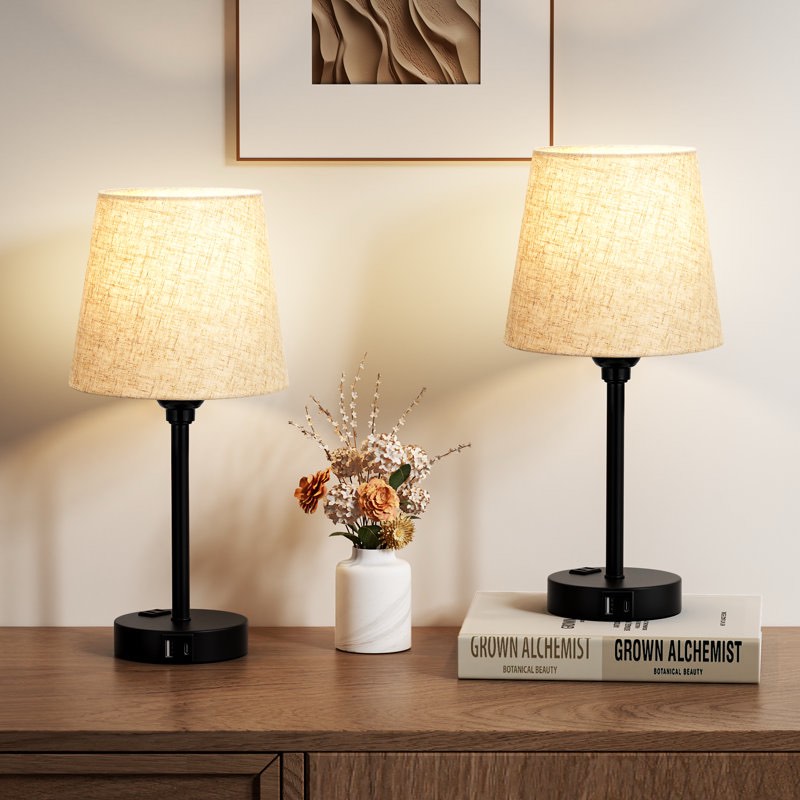 15\u0027\u0027 Minimal Table Lamp Set with Touch Control, AC Outlet and USB A\u0026C Ports