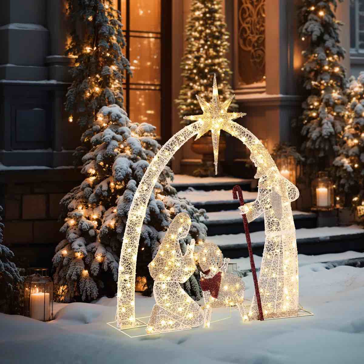 LED Illuminated Outdoor Nativity Figure, Fabric \u0026 Iron Holiday Decor