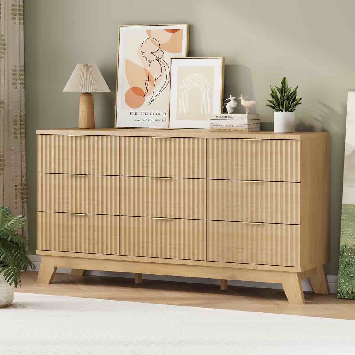 fluted 9-drawer dresser 57''w wood wide chest of drawers with metal handle,adjustable feet