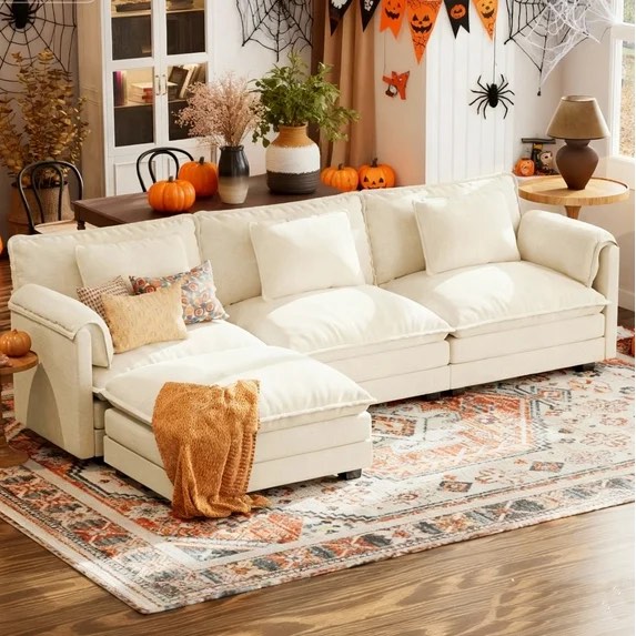 Modular Sectional Sofa with with Movable Ottoman, Comfy Cloud Couch with Deep Seat & Detachable Cushions, L Shaped Sectional Couches for Living Room, Cream White-Chenille