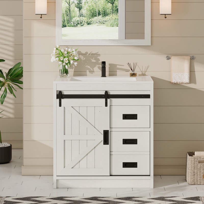 Bathroom Vanity With Sink, Faucet, Mirror, Sliding Barn Door, And Drawers