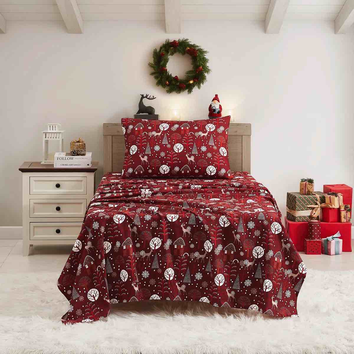 Printed Holiday Sheet Sets, Easy Care, Soft & Wrinkle-Resistant Holiday Bedding - Holly Trees