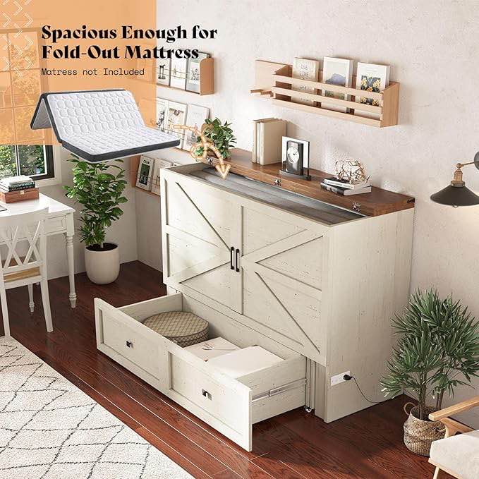 Amerlife Queen Size Murphy Bed-box1-white+ Barnwood