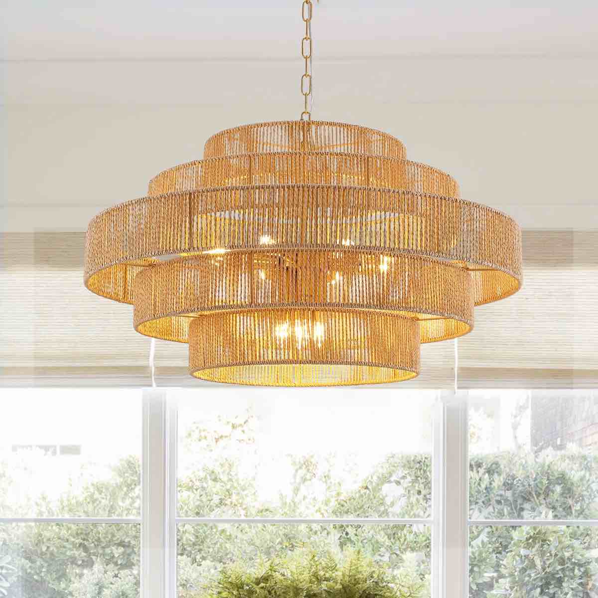 12 - Light Dimmable Hand-Woven Rattan Tiered Chandelier