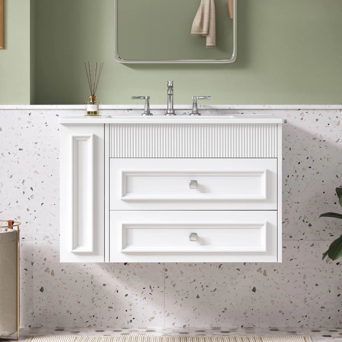 30'' Wall Mounted Bathroom Vanity, Floating Bathroom Storage Cabinet With 2 Drawers, 3 Holes Single Ceramic Sink, Modern Cabinet