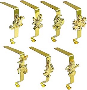 6 pcs vintage gold brass bow christmas stocking holders, metal hangers for fireplace shelf staircases mantel xmas party decor