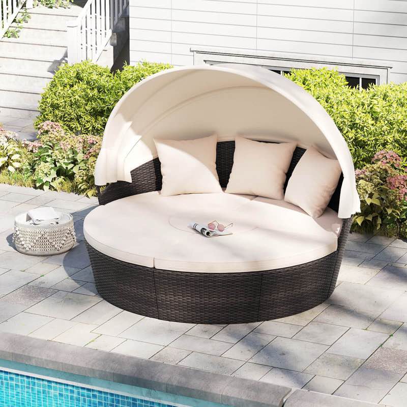 Condition photo showing Good Condition for Patio Round Daybed Pe Rattan Cushioned Sectional Seating With Retractable Canopy