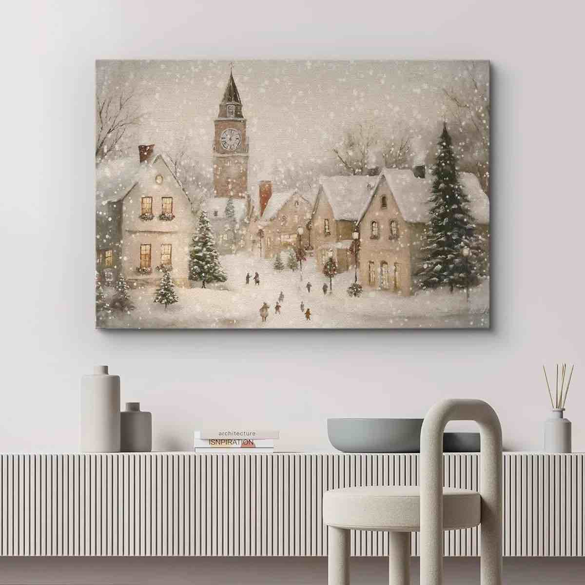 Vintage Winter Snowy Village Landscape Country Christmas Holiday Decor Framed Canvas Print Wall Art