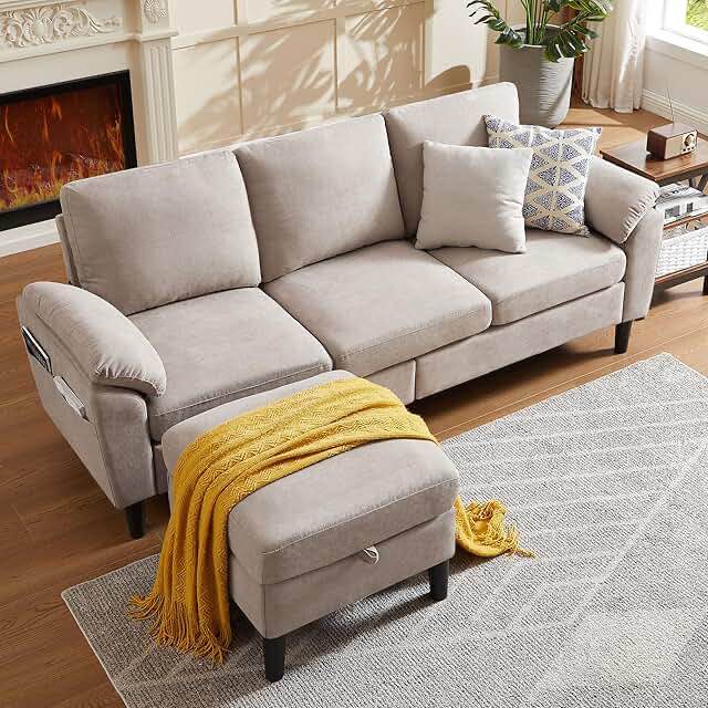 Convertible Sectional Couche,Small Space Couches L-Shaped Sofa W/Storage Chaise, USB Ports, Side Pockets and Pillows for Living Room