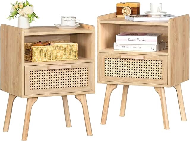 Aimara Rattan Nightstand Set 2, Bedside Table with Open Shelf and Door, Boho End Table