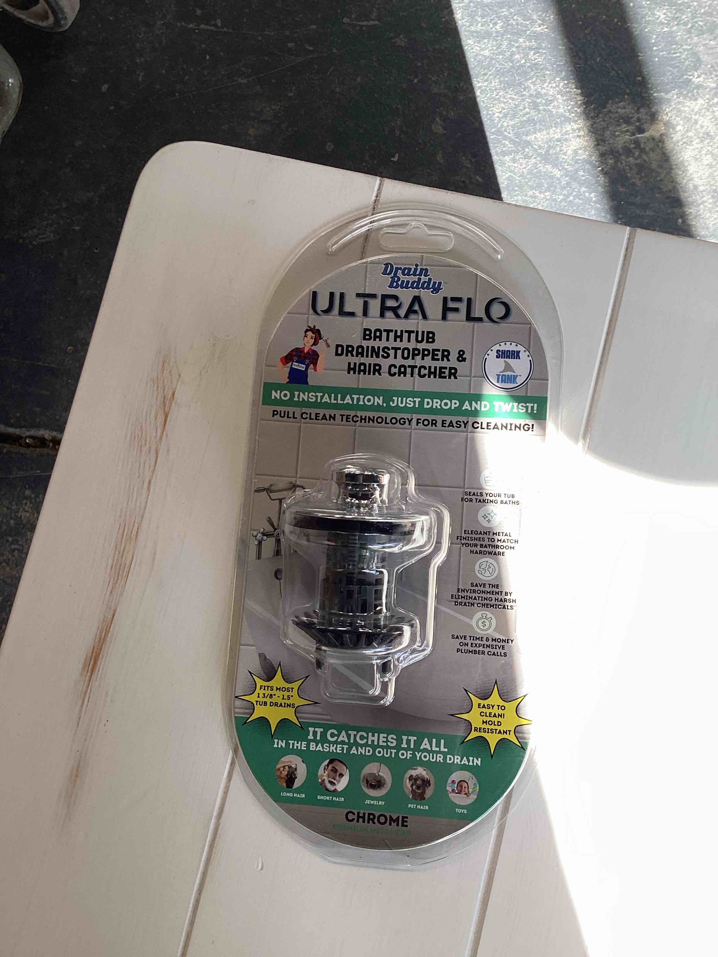 Condition photo showing Good Condition for Drain Buddy Ultra Flo No Installation 2 in 1 Clog Preventing Tub Drain Stopper and Hair Catcher for 1 3/8" to 1.5" Bathroom Tubs and Utility Sinks (Chrome)