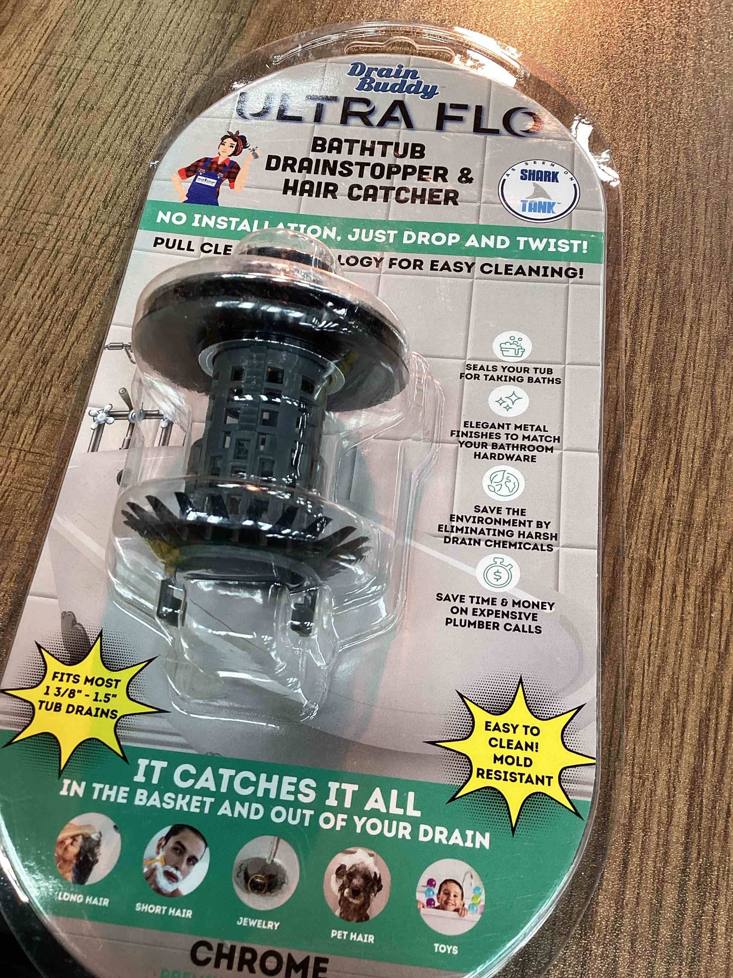 Condition photo showing Good Condition for Drain Buddy Ultra Flo No Installation 2 in 1 Clog Preventing Tub Drain Stopper and Hair Catcher for 1 3/8" to 1.5" Bathroom Tubs and Utility Sinks (Chrome)