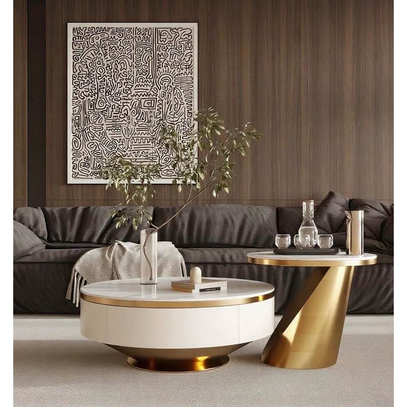 danieka no-assembly required, light luxury nesting coffee table with faux marble countertop, round