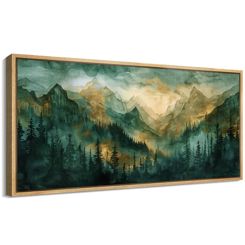 Woodland Forest Landscape Watercolor Green Mountain Forest Sunrise Landscape Modern Extra Large Canvas Print Wall Art