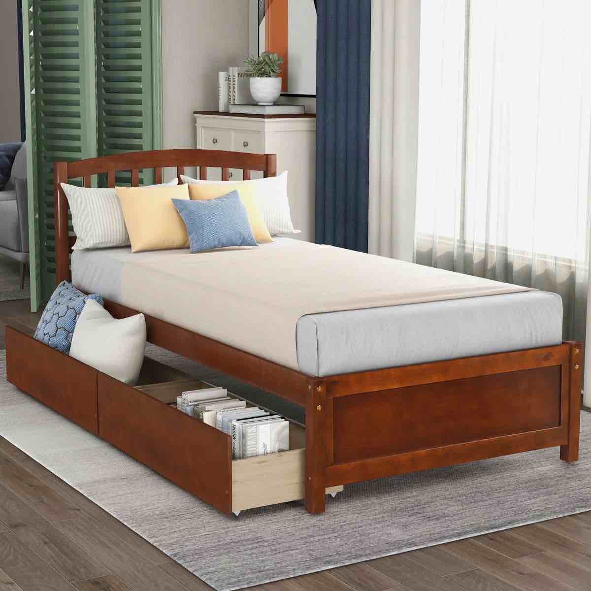 Twin Platform Storage Bed Wood Bed Frame With 2 Drawers And Headboard