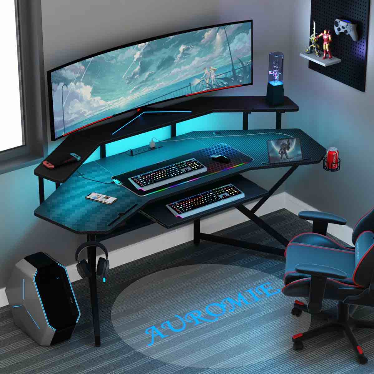 Berlanga Gaming Desk with Power Outlet \u0026 Led Strip, Large Wing-Shaped Computer Desk with Monitor Stand